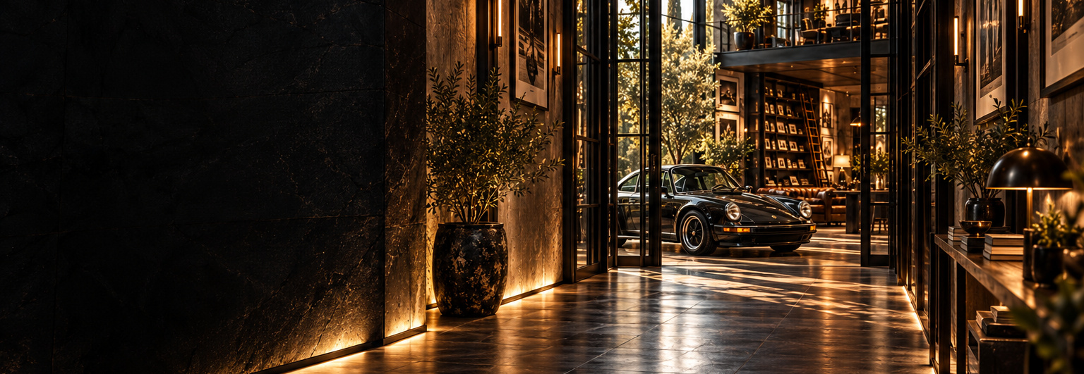 House concept visualisation of the long arrival corridor opening toward the Porsche and working studio