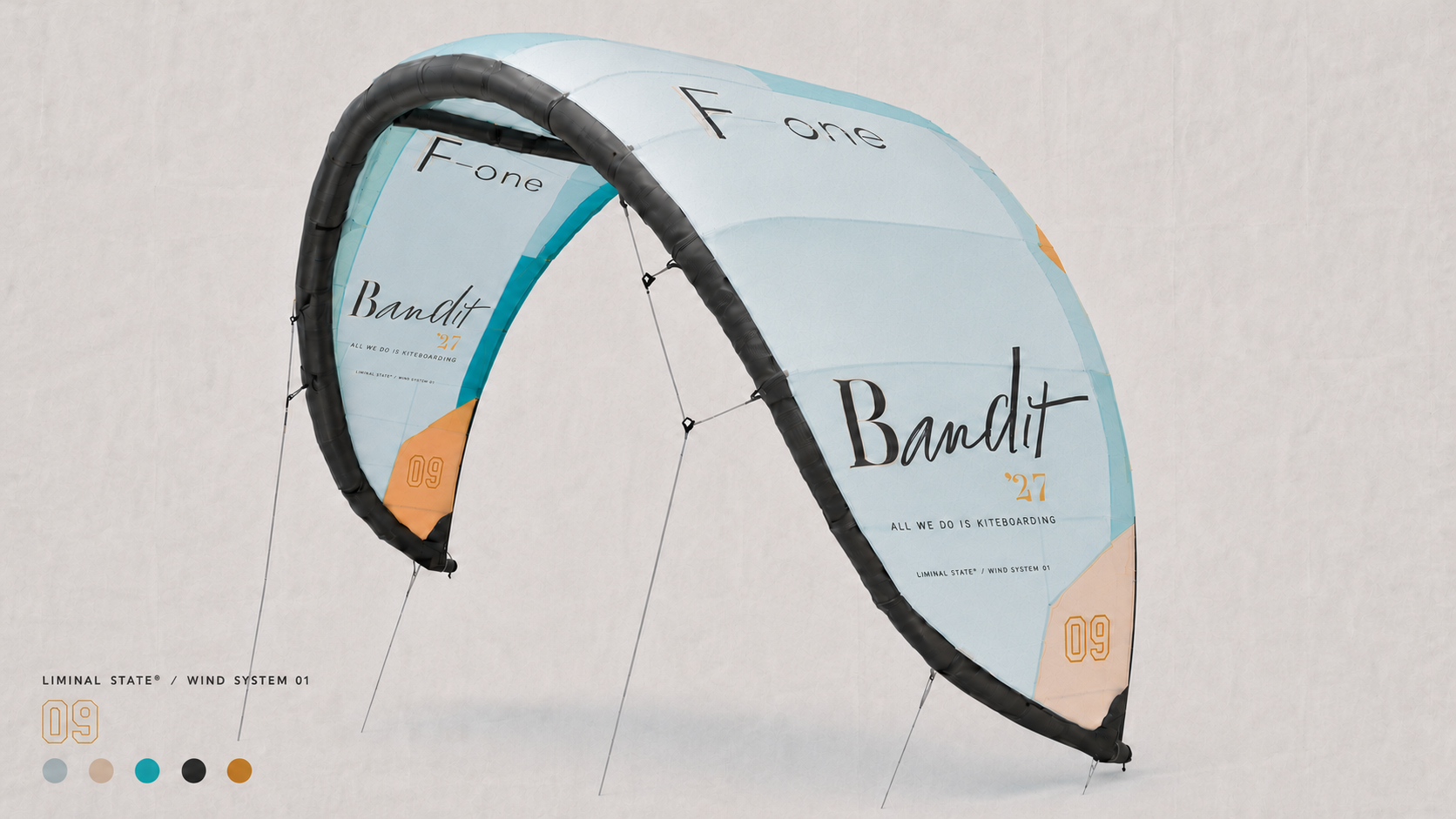 Light blue F-ONE Bandit '27 kite study, hero view