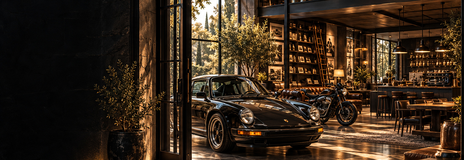 House concept visualisation of a black Porsche, distinctive motorcycle and warm-lit creative studio