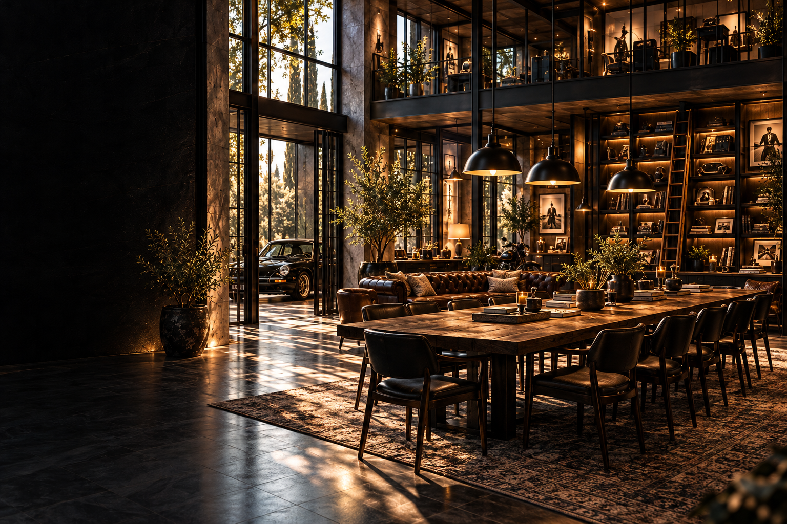 House concept visualisation of the shared working table, archive and hospitality setting in one creative headquarters