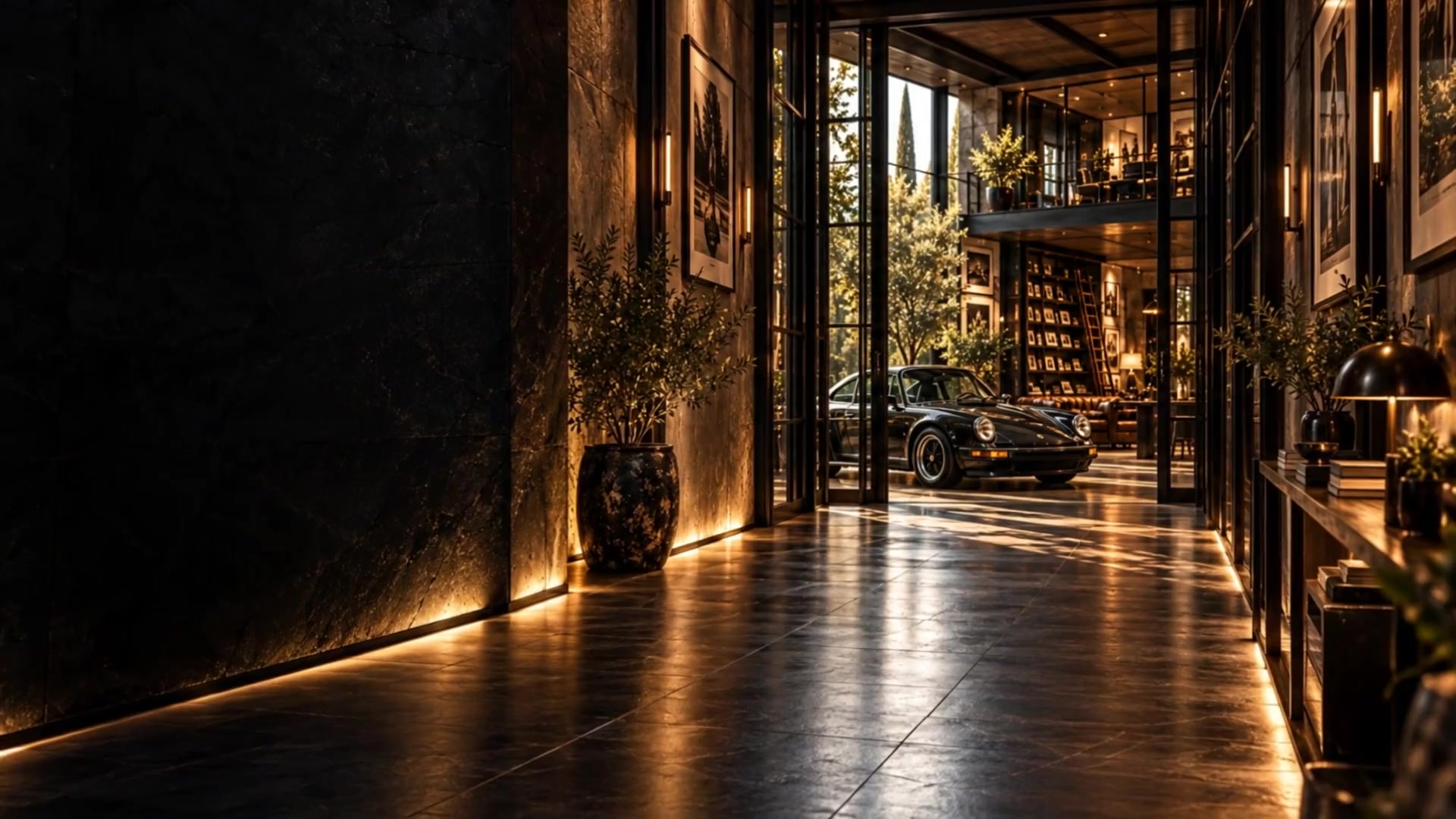 The House concept: a warm-lit architectural threshold opening toward a black Porsche, library and creative working world