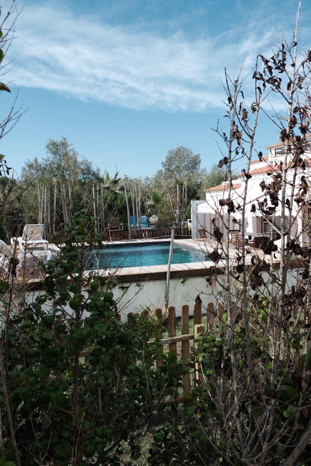 A swimming pool seen through garden foliage and a wooden fence, with a white villa and terracotta roof beyond.
