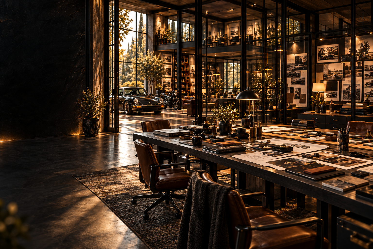 House concept visualisation of a photography working table and archive beneath tall windows