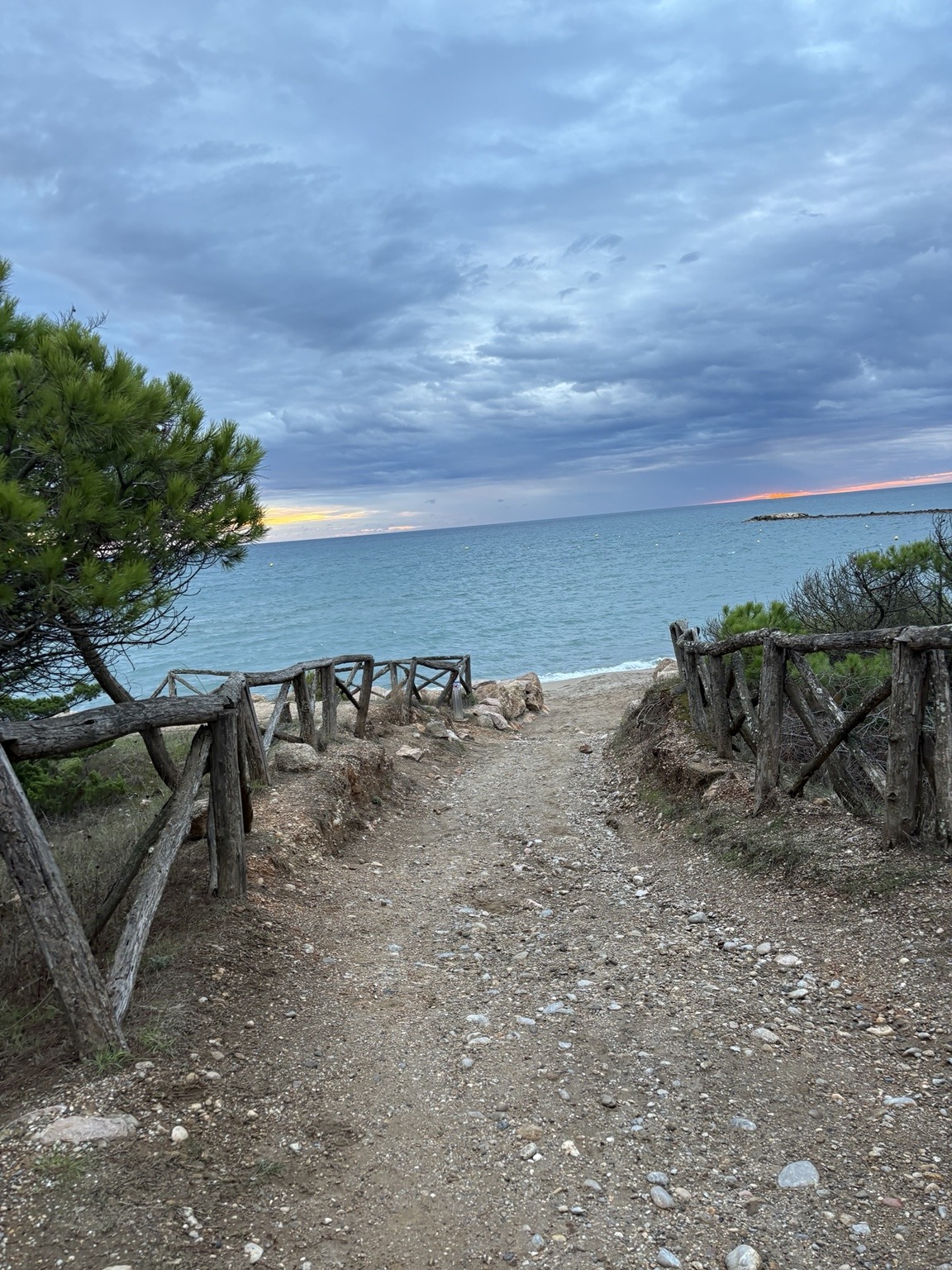 A sandy path between weathered wooden fences leads through pines down to the pebble beach and the sea under a heavy evening sky.
