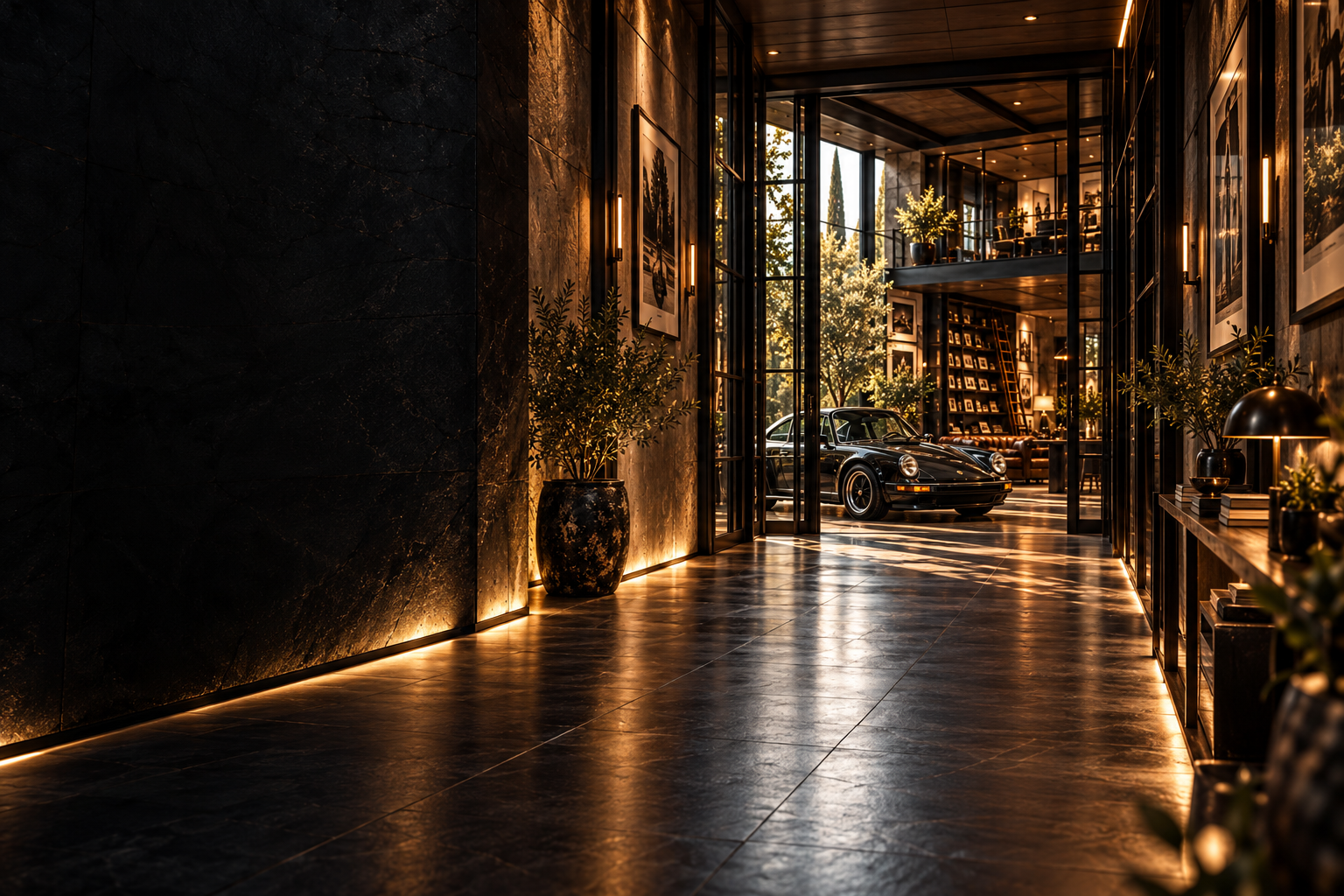 House concept visualisation looking along the stone threshold toward the studio and Porsche, a starting point for journeys