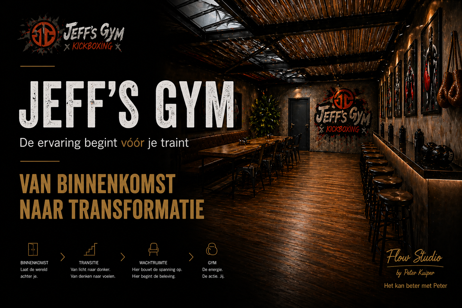 Dark industrial arrival space of Jeff’s Gym