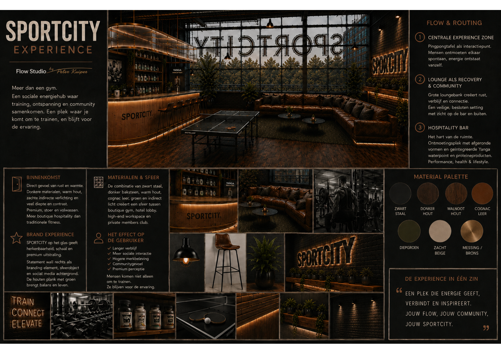 SportCity experience concept board with lounge, bar and material palette