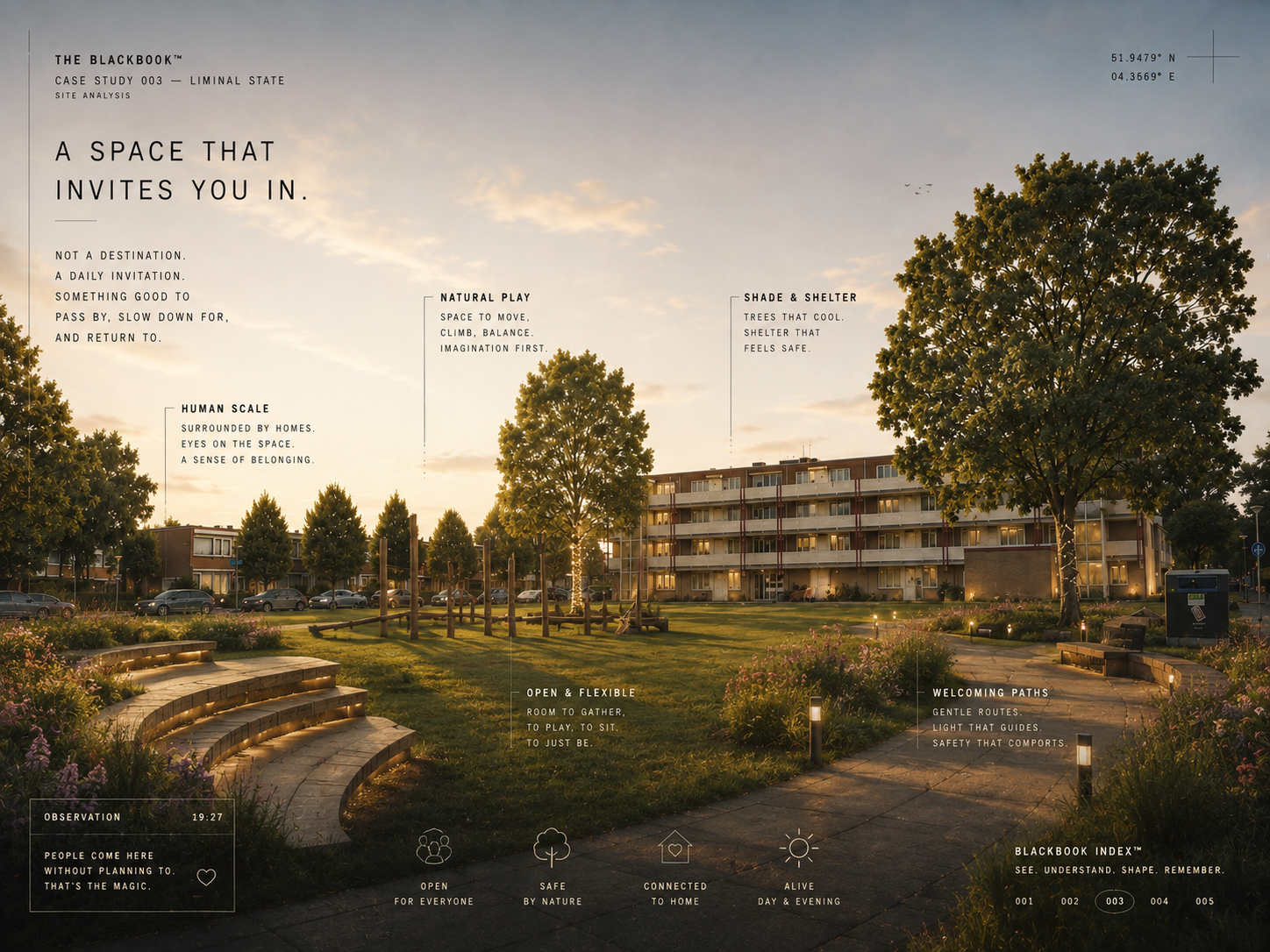 Residential green field at dusk with lighting, planting, seating and natural play elements