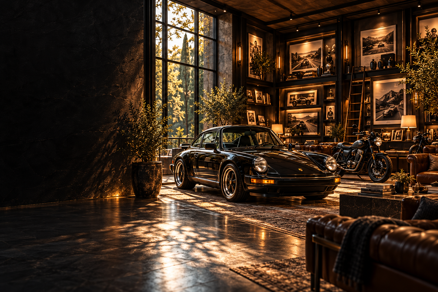 House concept visualisation of a black Porsche framed by tall windows and the library in the creative workspace