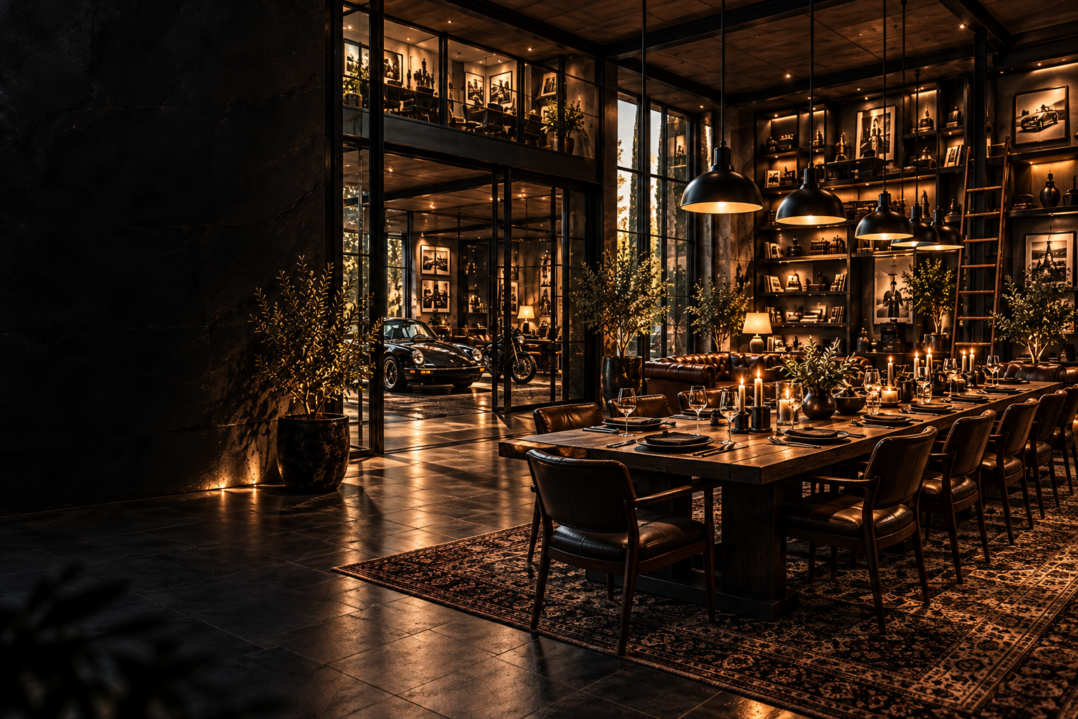 Closing House concept visualisation: shared table, leather chairs and double-height library opening toward the light